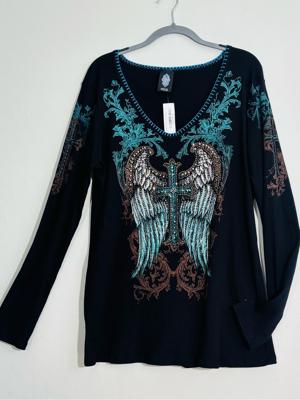 Vocal cross wing jewel studded black thermal top 3XL